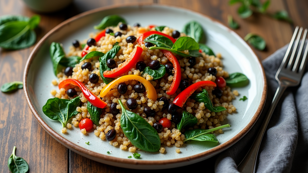 Quinoa and Black Bean Stir-Fry with Spinach and Bell Peppers
