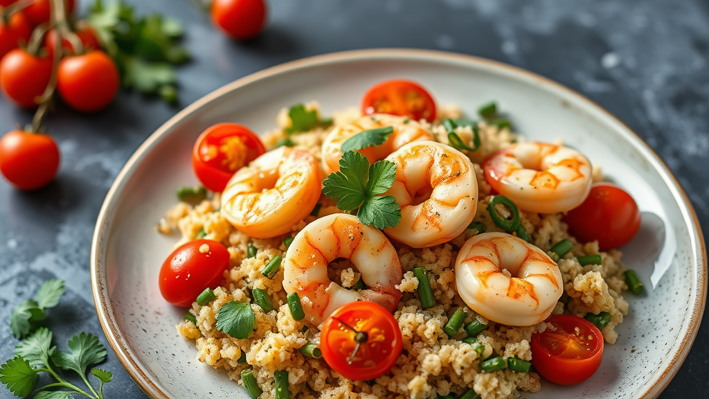 Quinoa Shrimp Salad with Cherry Tomatoes and Cilantro