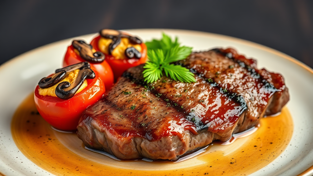 Ribeye Steak with Stuffed Tomatoes and Sautéed Mushrooms
