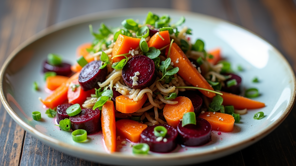 Roasted Beet and Carrot Salad with Cabbage and Green Onions