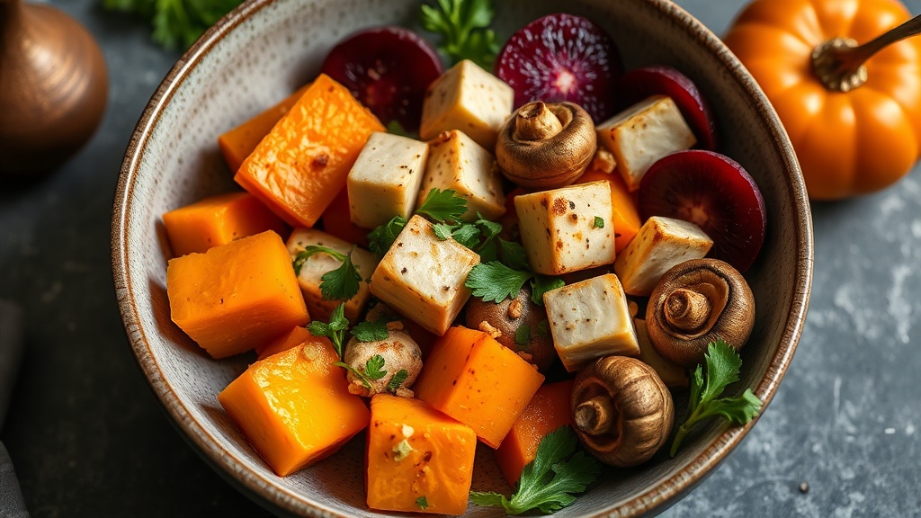 Roasted Butternut Squash and Chestnut Mushroom Bowl with Tofu and Beetroot