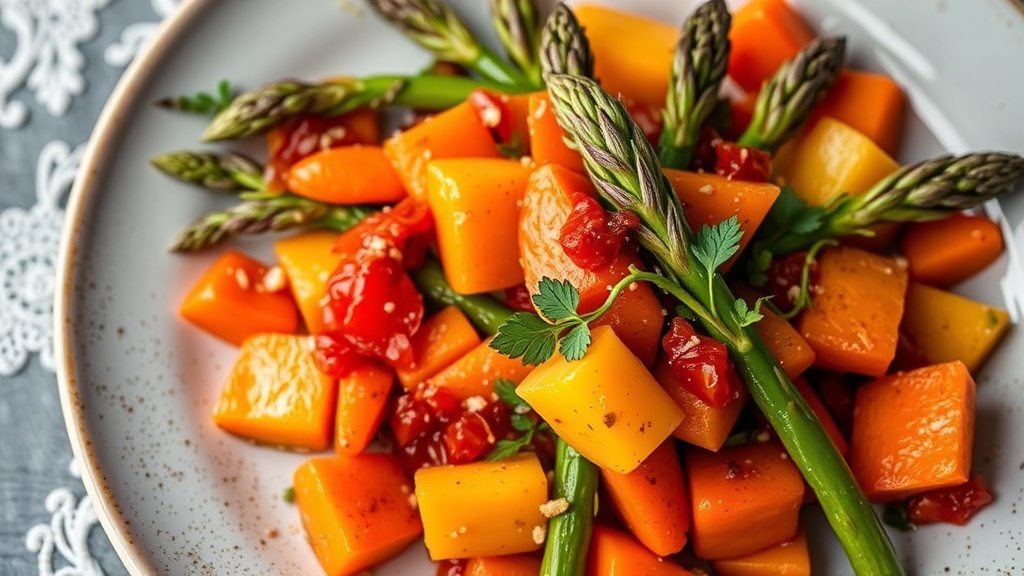 Roasted Carrot and Asparagus Medley with Plum Tomato Vinaigrette
