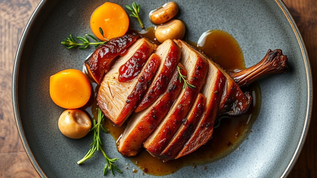 Roasted Duck with Apricot Glaze and Enoki Mushrooms