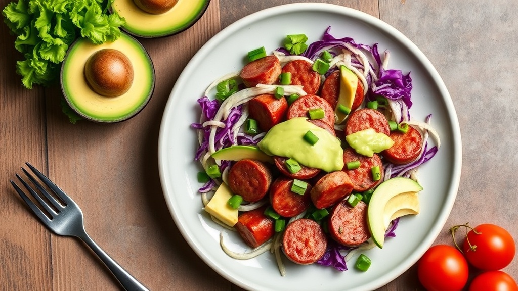 Sausage and Cabbage Salad with Avocado Dressing