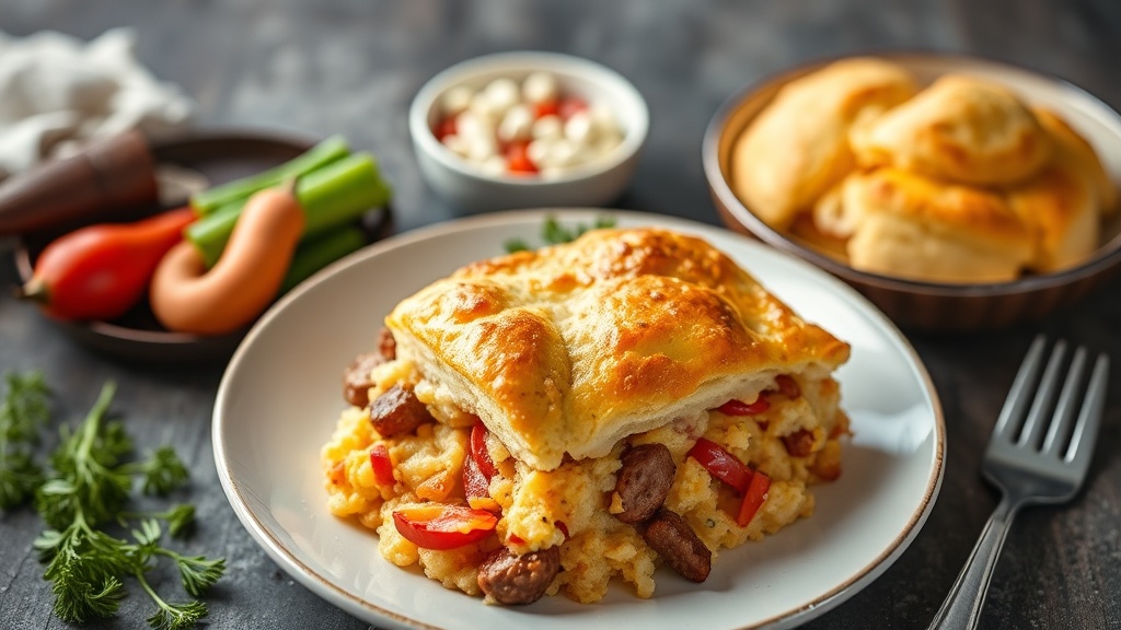 Sausage and Egg Casserole with Biscuit Topping
