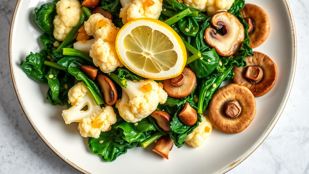 Sautéed Cauliflower, Spinach, Broccolini, and Mushrooms with Garlic and Lemon