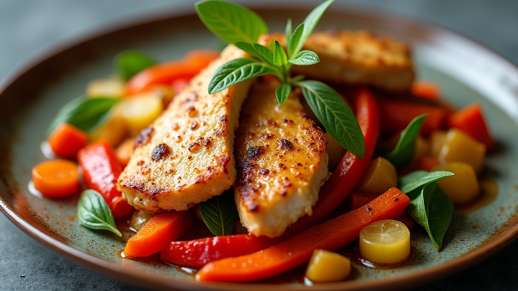 Sautéed Chicken Strips with Colorful Peppers and Carrots