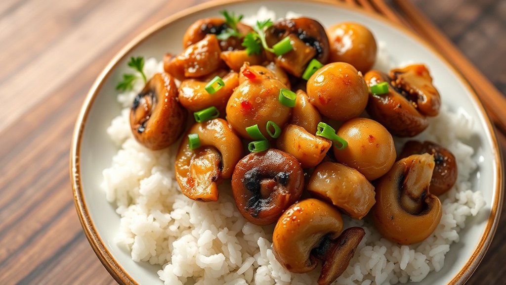 Sautéed Chicken with Fried Mushrooms and Onions over White Rice