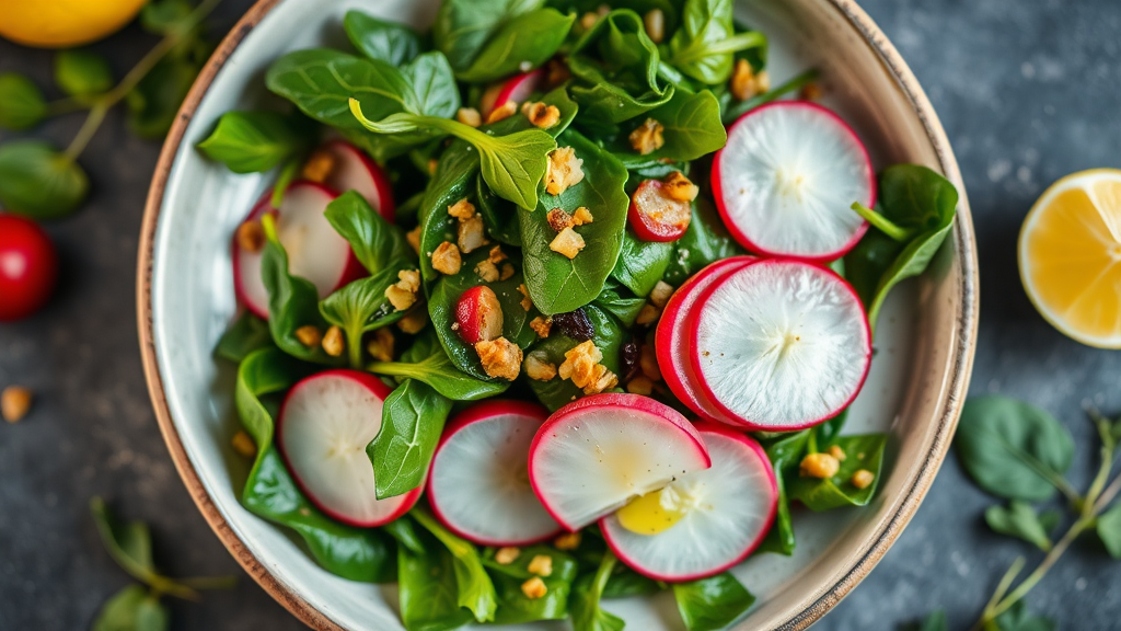 Sautéed Spinach and Radish Salad with Lemon Vinaigrette