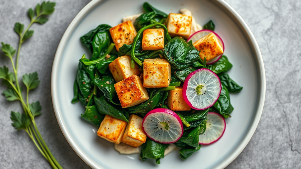Sautéed Spinach and Tofu with Radish Salad