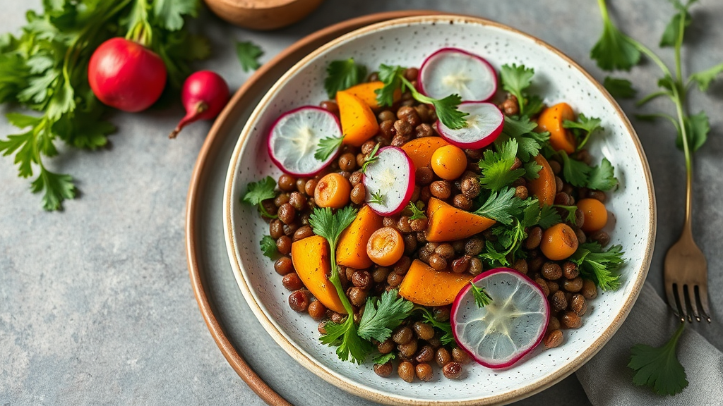 Savory Acorn Squash and Lentil Salad with Watercress and Radish