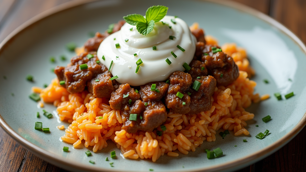 Savory Beef and Rice Casserole with Yogurt Topping