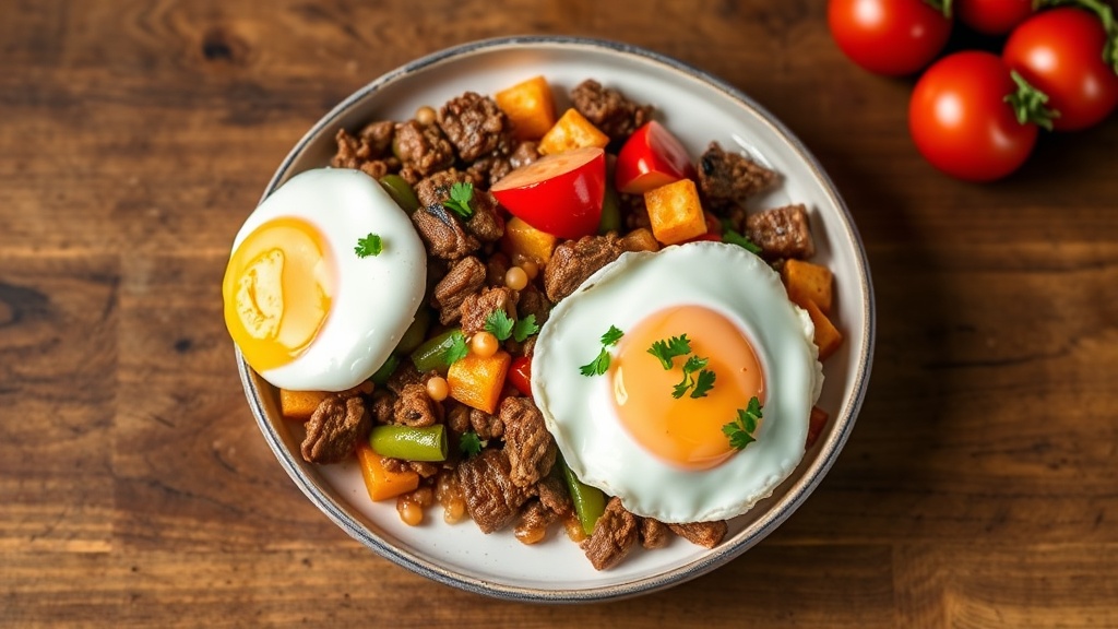 Savory Beef and Vegetable Hash with Poached Eggs