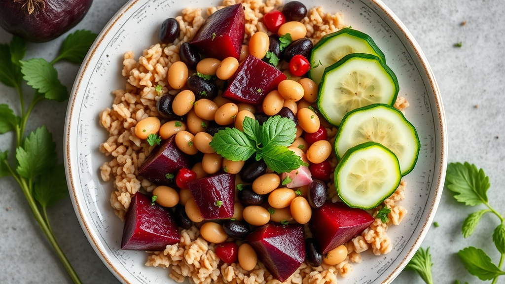 Savory Beet and Bean Salad with Brown Rice and Marinated Cucumbers