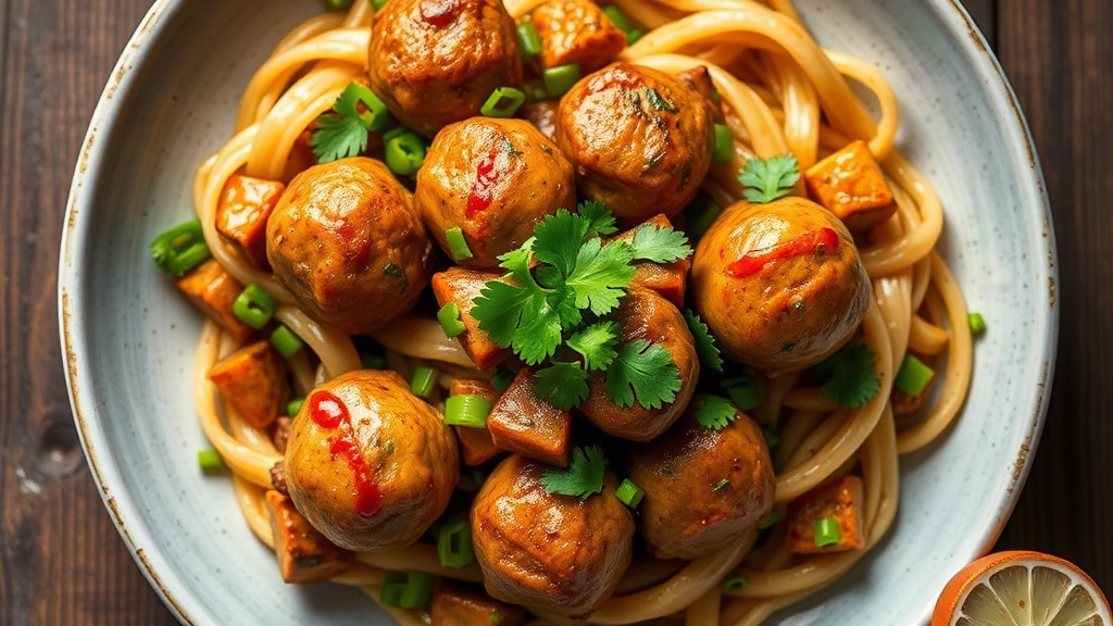Savory Chicken and Beef Meatball Stir-Fry with Cilantro and Green Onions