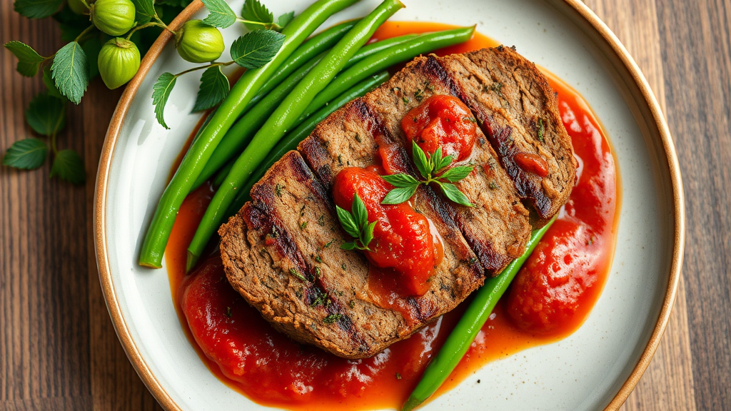 Savory Chicken Liver Meatloaf with Green Beans and Tomato Sauce