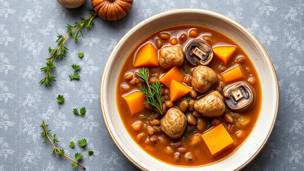 Savory Chicken Sausage and Lentil Stew with Butternut Squash and Mushrooms