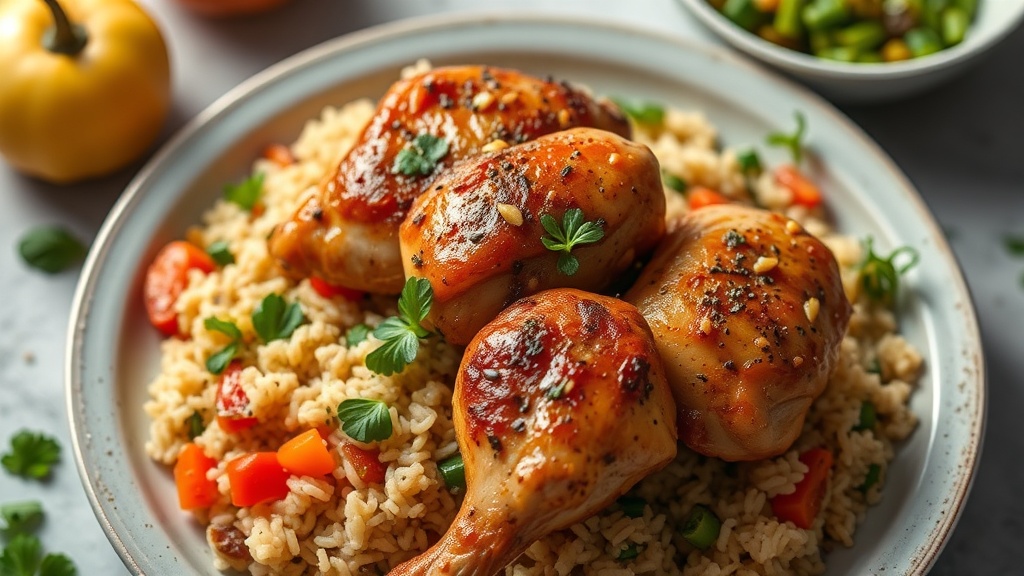 Savory Chicken Thighs with Vegetable Rice Medley