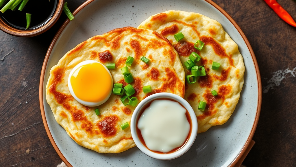 Savory Chinese Scallion Pancakes with Egg and Soy Dipping Sauce