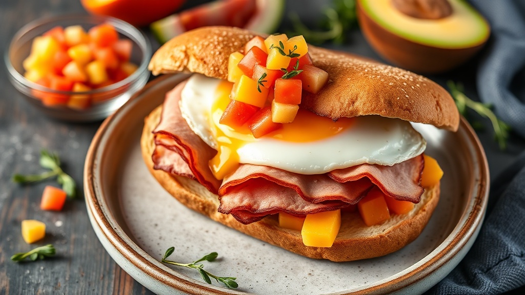 Savory Ham and Egg Breakfast Sandwich with Melon Salsa