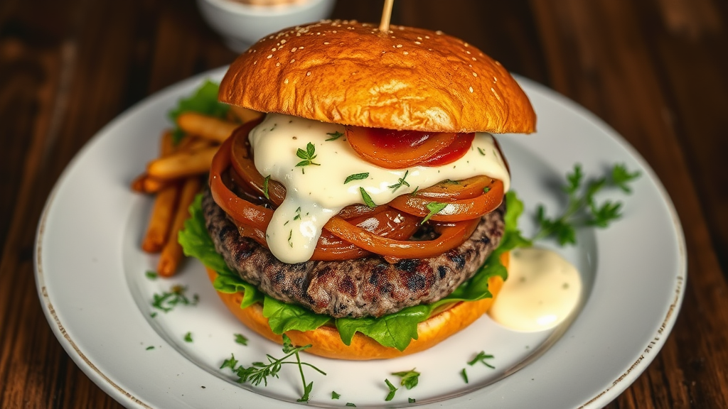 Savory Herb-Infused Hamburger with Caramelized Onions and Garlic Aioli