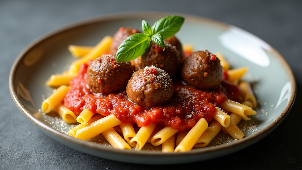 Savory Meatball Pasta with Sweet Corn and Tomato Sauce