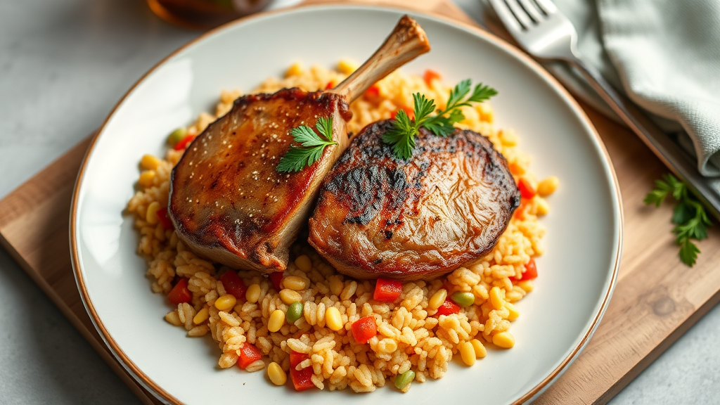 Savory Pork Chops with Tomato Corn Rice