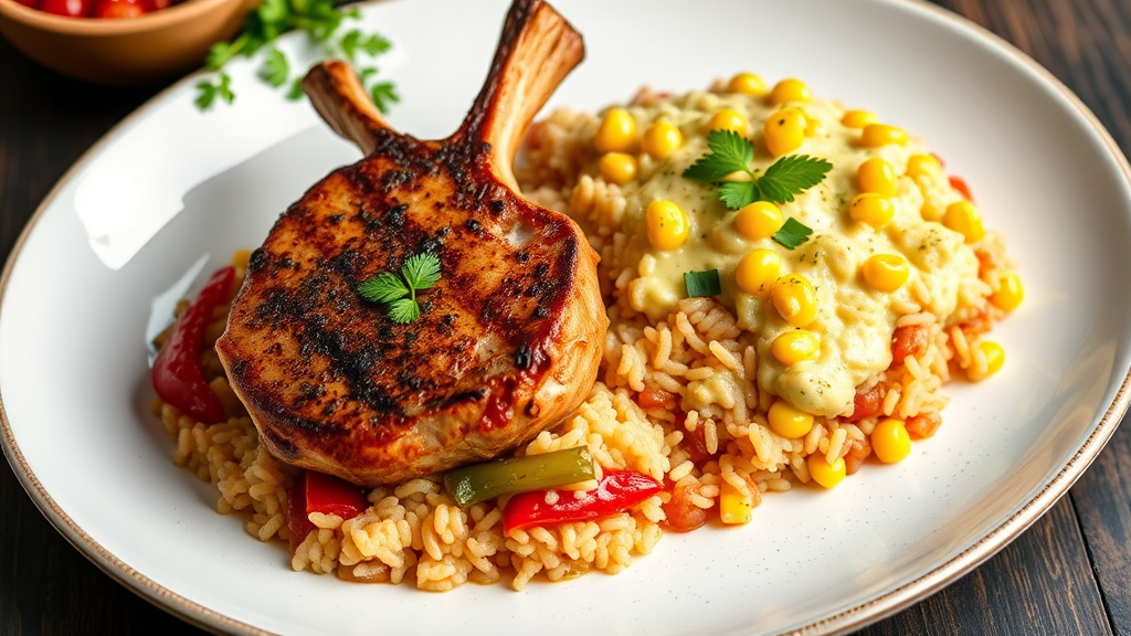 Savory Pork Chops with Tomato Rice and Creamed Corn