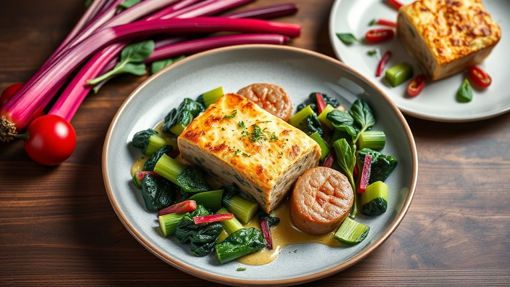 Savory Pork Sausage and Spinach Bake with Courgette and Rhubarb