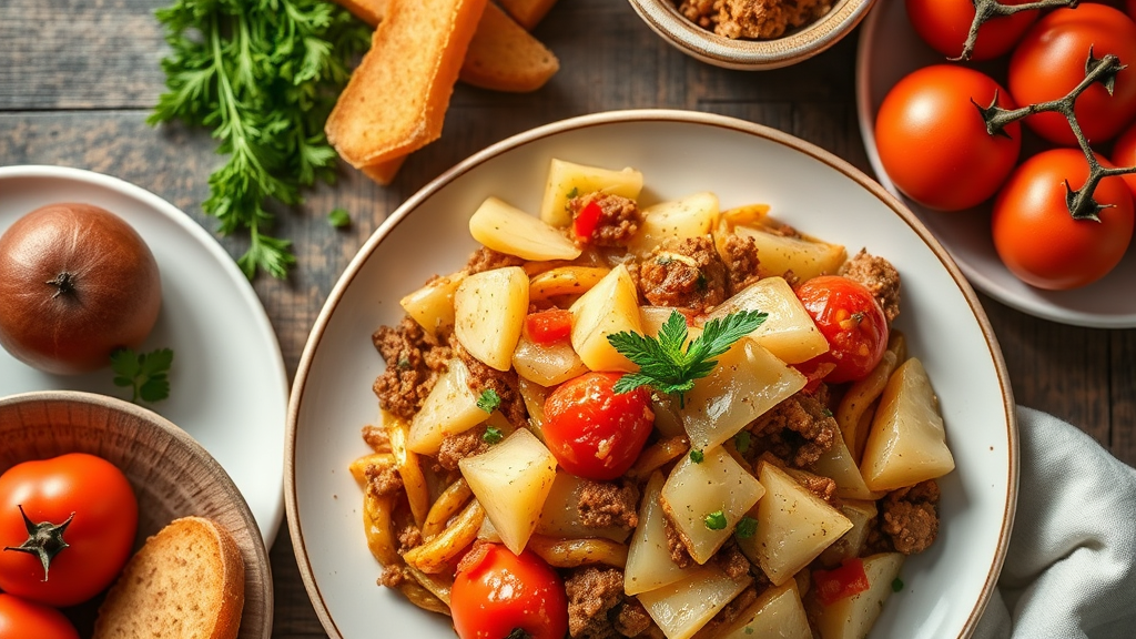 Savory Potato, Cabbage, Tomato, and Ground Beef Casserole