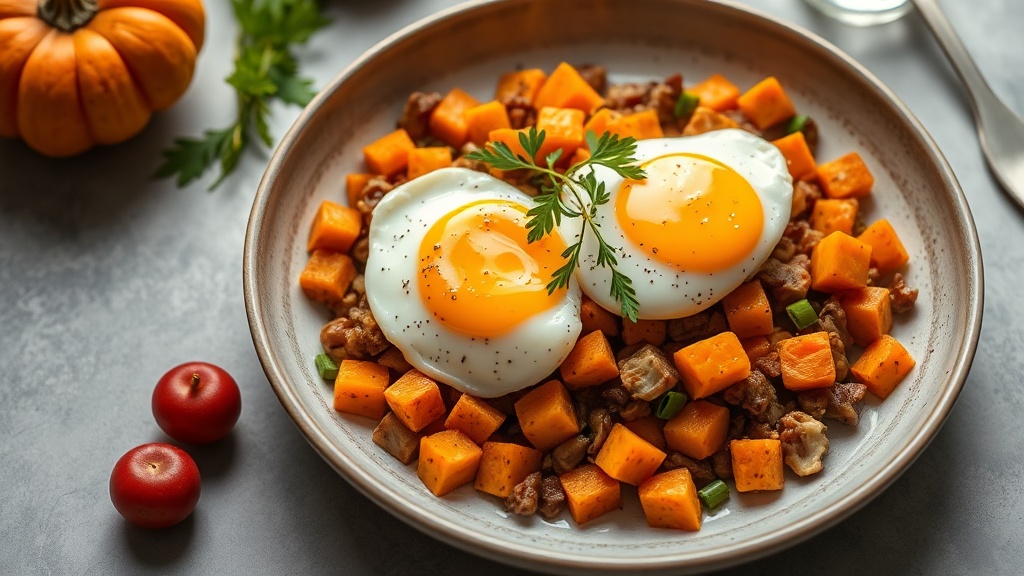 Savory Pumpkin and Sweet Potato Hash with Eggs