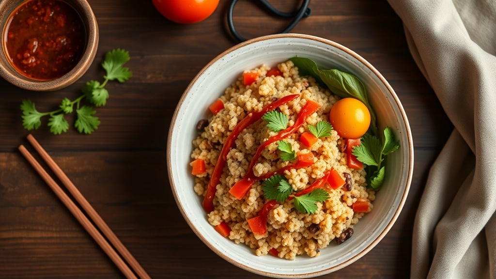 Savory Quinoa & Soy Curl Bowl with Miso Gochujang Dressing