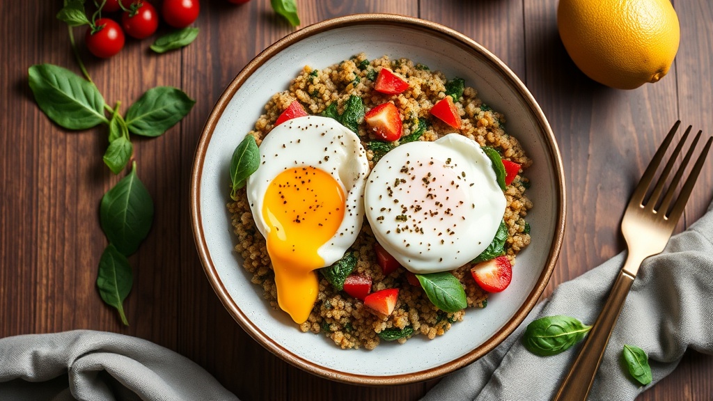 Savory Quinoa Breakfast Bowl with Spinach and Poached Eggs