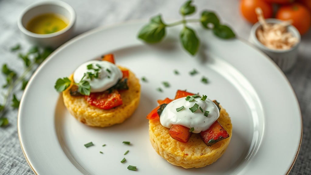 Savory Ratatouille Stuffed Polenta Cakes with Herbed Yogurt Sauce