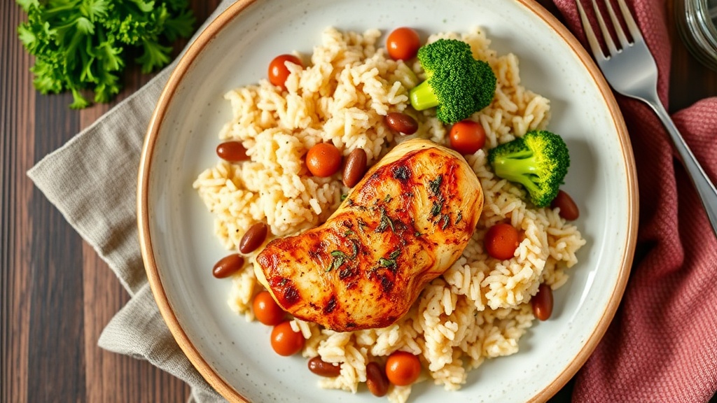 Savory Rice and Beans with Broccoli and Grilled Chicken