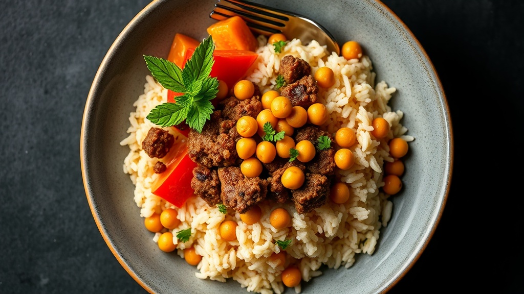 Savory Rice and Chickpea Bowl with Ground Pork and Vegetables