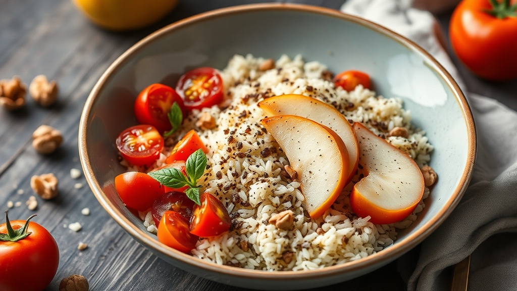 Savory Rice Bowl with Pear, Tomato, Flaxseed, and Walnuts