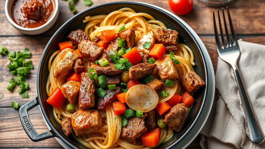 Savory Trio Skillet: Chicken, Beef, and Pork Medley