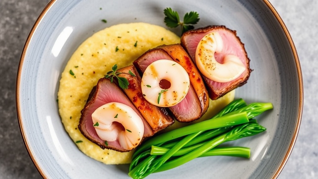 Seared Pork Loin with Scallops, Ginger Polenta, and Bok Choy