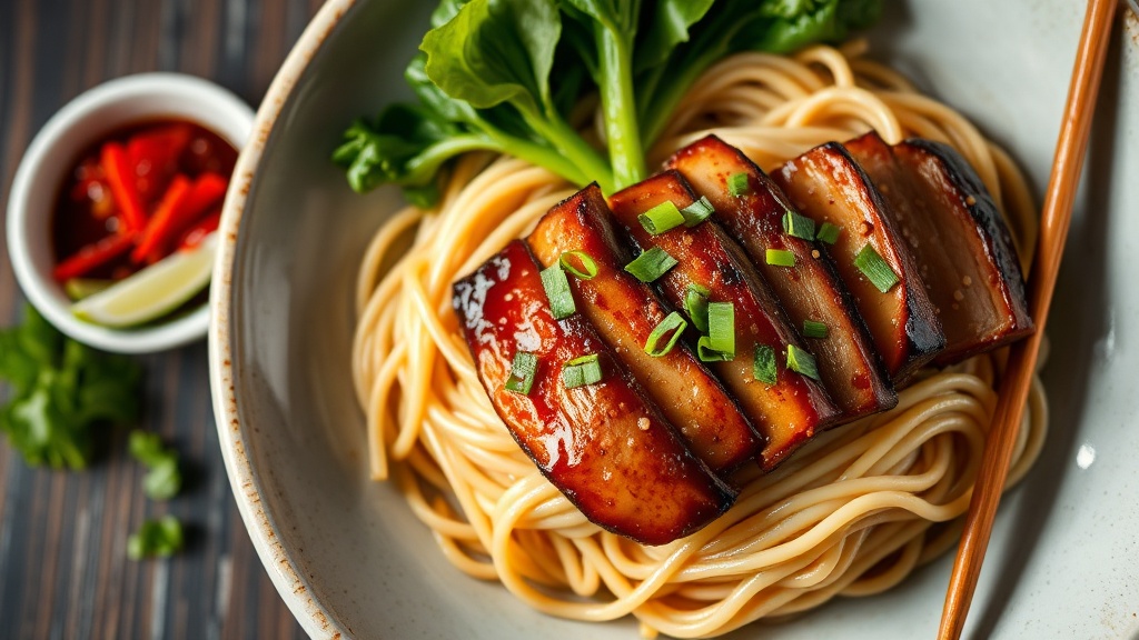 Sesame Soy Pork Belly with Udon Noodles and Pak Choi