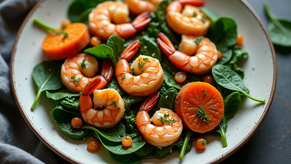 Shrimp and Sweet Potato Spinach Skillet