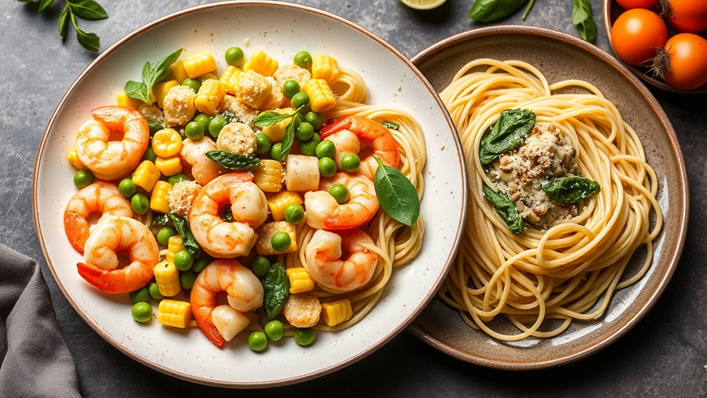 Shrimp, Corn, Peas, and Spinach Parmesan Pasta