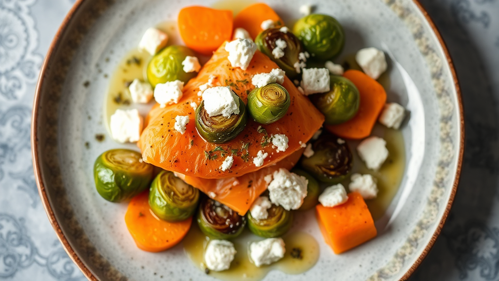 Smoked Salmon and Brussels Sprouts with Sweet Potato and Feta