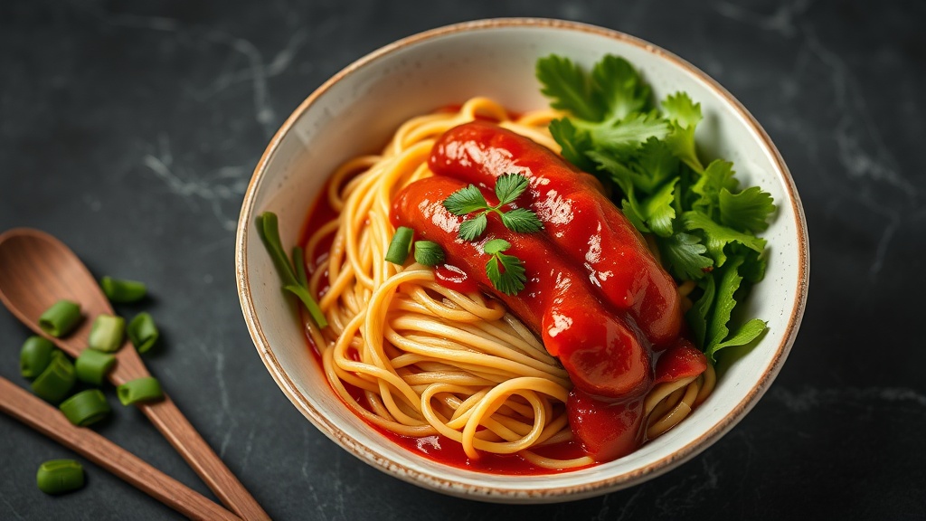 Smoked Sausage Noodle Bowl with Red Sauce