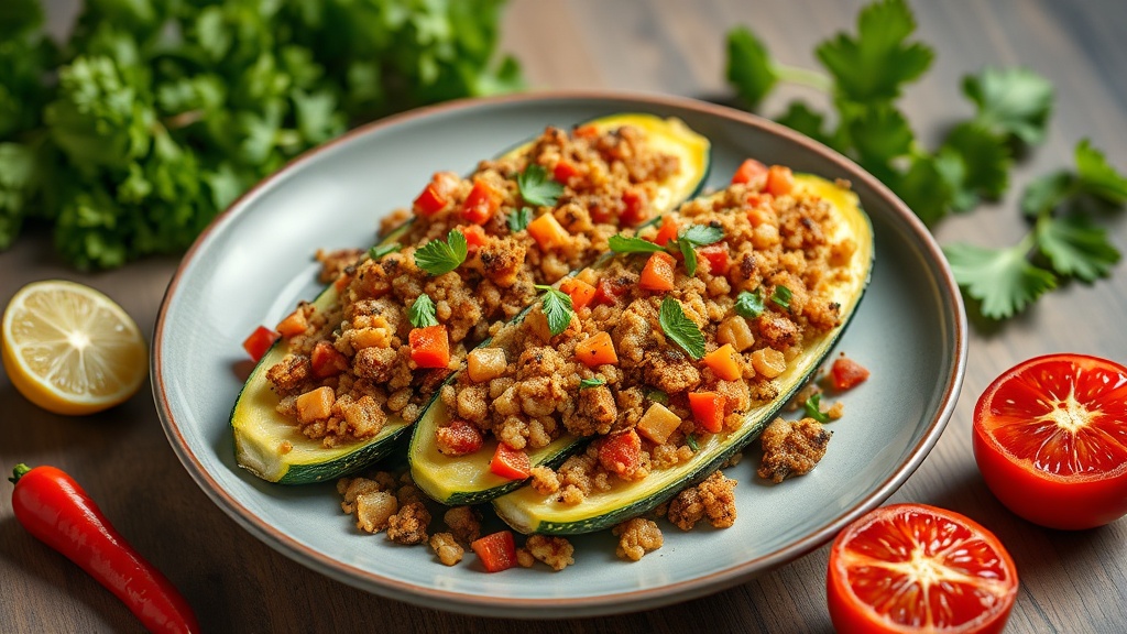 Soy Curl and Quinoa Stuffed Zucchini Boats