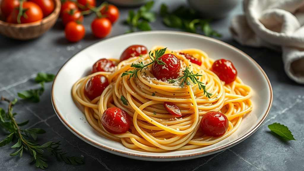 Spaghetti Aglio e Olio with Roasted Cherry Tomatoes