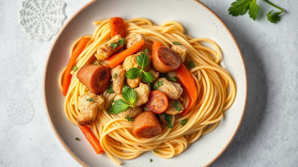Spaghetti with Chicken, Carrot, and Sausage Stir-Fry