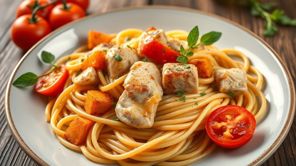 Spaghetti with Chicken, Sweet Potatoes, and Tomatoes