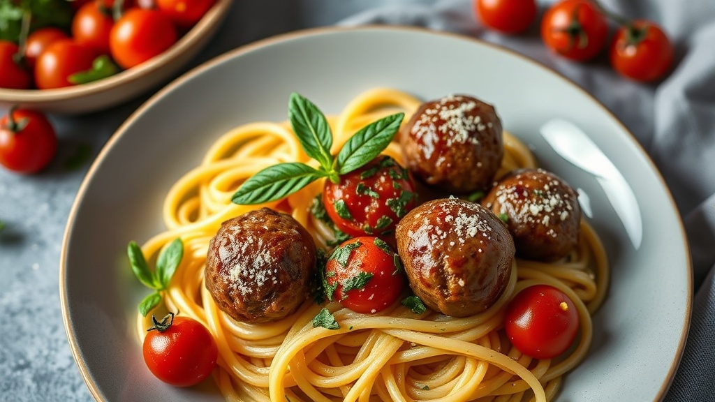 Spaghetti with Herbed Meatballs and Roasted Cherry Tomatoes