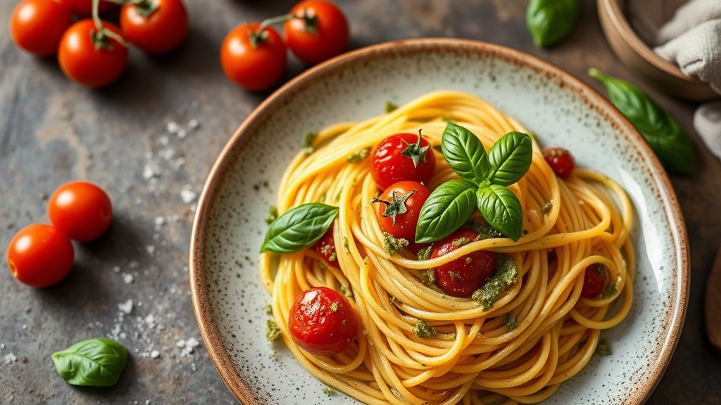 Spaghetti with Roasted Cherry Tomatoes and Basil Pesto